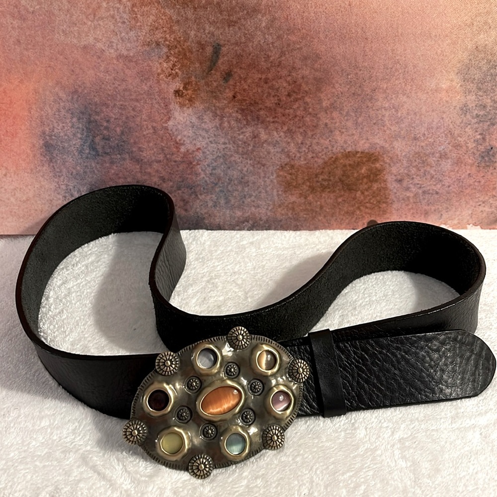 Adrienne Landau Studio Vintage Leather Belt with Buckle Stones Size L Black EUC